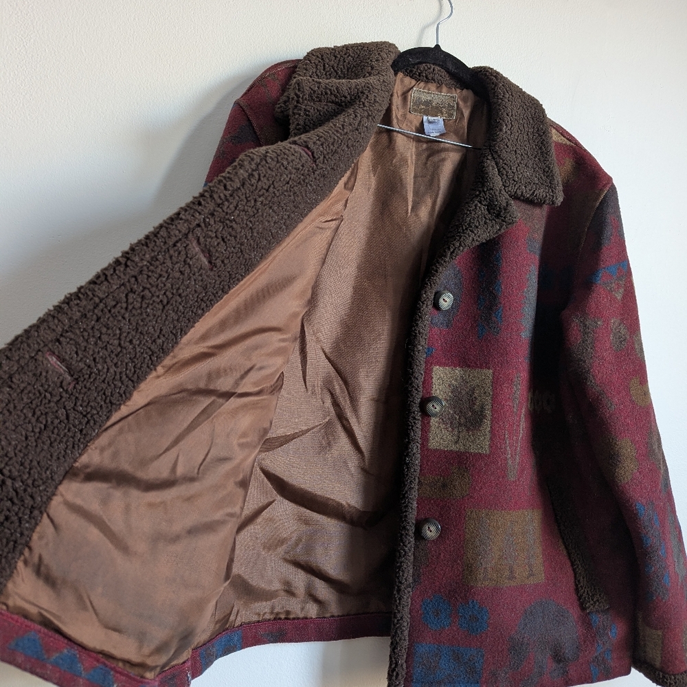 Pendleton Originals Wool Sherpa Trim Blanket Coat Bear Moose Print Burgundy L - Picture 4 of 14